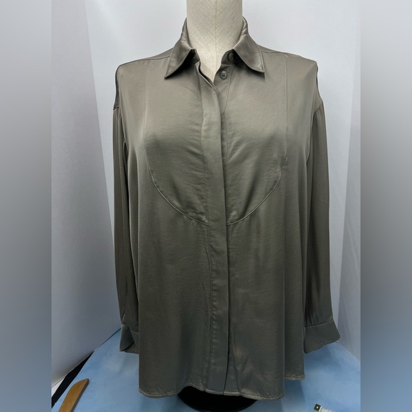 Reiss Rocco satin button up shirt blouse Size 10 neutral khaki tan - Picture 2 of 8